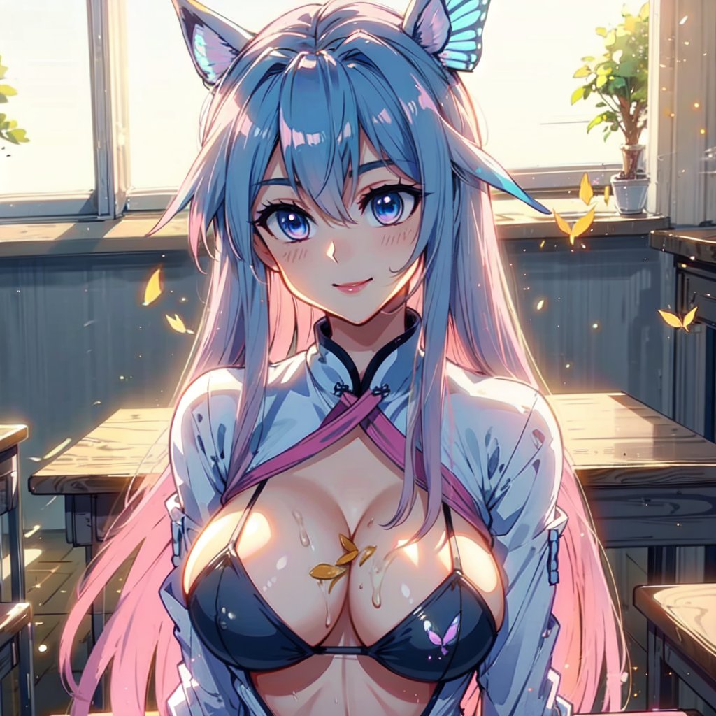 1girl,blue pink hair,pink blue eyes,mature female,butterfly ears,better quality,masterpiece,best quality,high quality,nsfw,teen,standing,classroom,large breast,sunshine, <lora:眼睛双:0.4> ,<lora:wutong:0.65>,dating,chinese hanfu,standing,smile,chinese clothes,large breast,naughty smile,heavy breathing ,food on table,(nsfw:1),black bikini