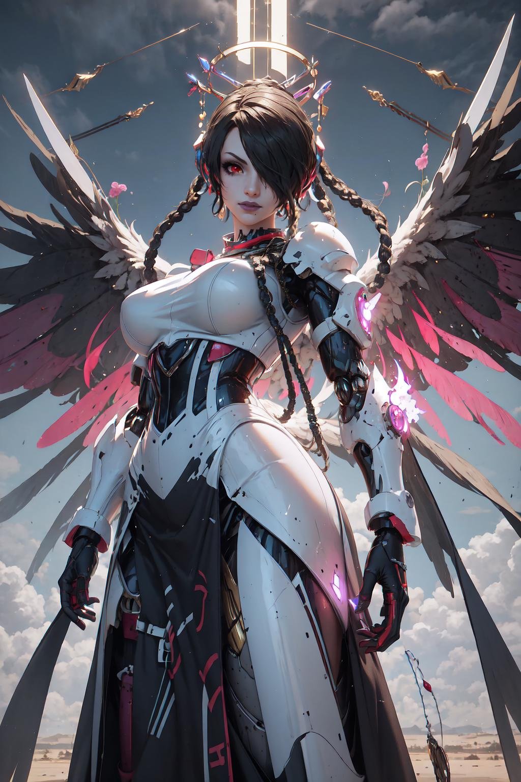 LuluX, red eyes, jewelry, large breasts, <lora:LuluV3:1>, wrenchsmechs, glowing, white mecha, halo, mechanical wings, <lora:Outfit_Mechs:1>