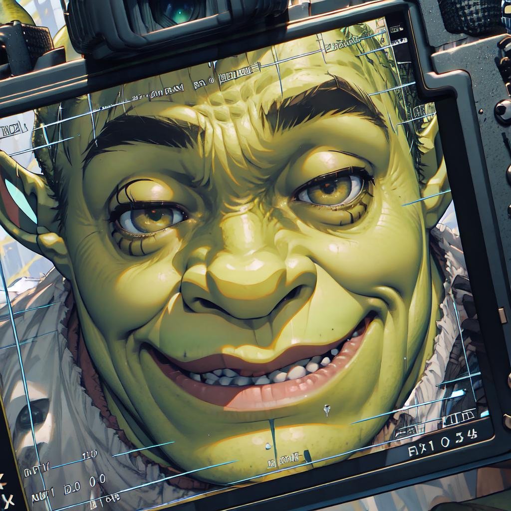 1boy, IncrsViewFinder, pov, viewfinder, camera,  <lora:ViewfinderCamera:1.3>, shrex, green skin, ogre, shrek, <lora:Char_Sigmas_Shrek:0.75>, smirk, upper body, 