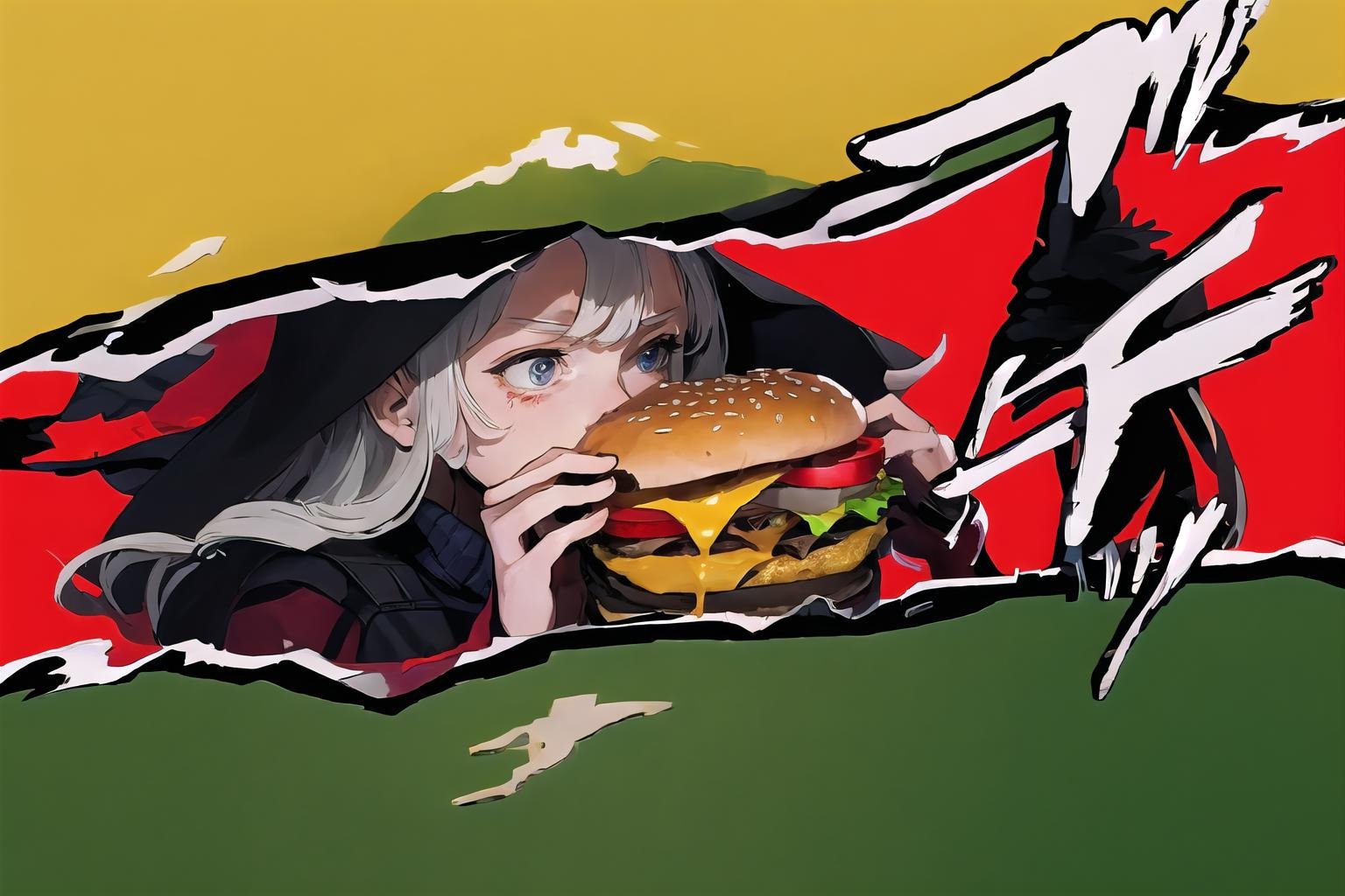 High Quality, Masterpiece, incrsperscutin, <lora:PersonaCutInV2:1>, two-handed burger, eating, burger, holding huge burger with both hands, close-up, <lora:Pos_EatingHugeHamburger:0.6>, simple background, 