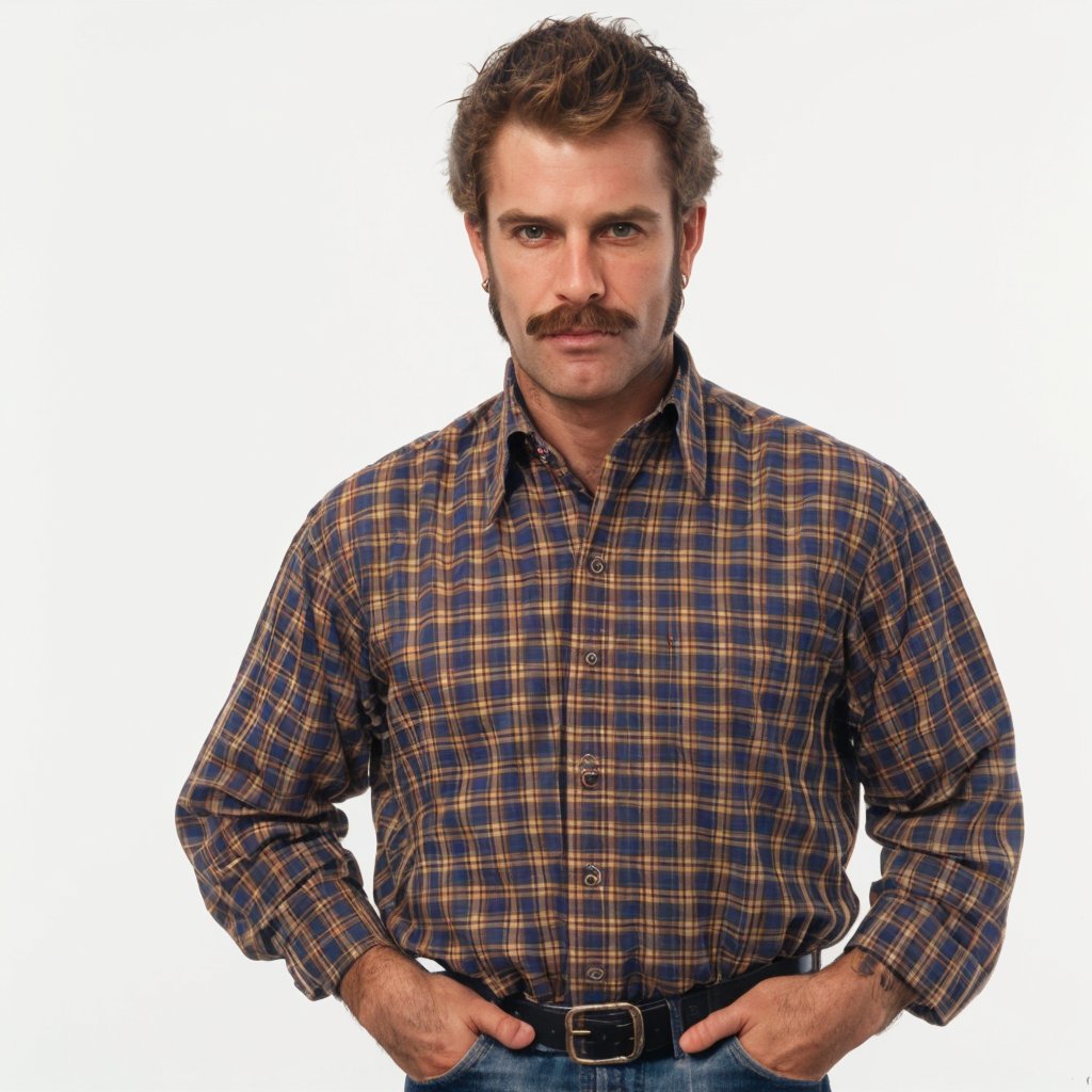 1guy, dadcore, mutton chops, mustache, plaid shirt, 1990s, belt, handsome male, hot, scruffy, daddy, hairy, tattoo, mature, looking at viewer, HQ, realistic, photorealistic, fill lighting, portrait, white background, photography, cowboy_shot