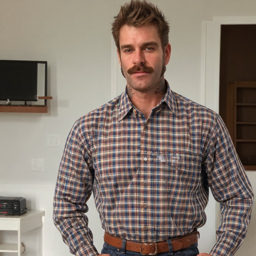 1guy, dadcore, mutton chops, mustache, plaid shirt, 1990s, belt, handsome male, hot, scruffy, daddy, hairy, tattoo, mature, looking at viewer, HQ, realistic, photorealistic, fill lighting, portrait, suburban town, photography, portrait, cowboy_shot