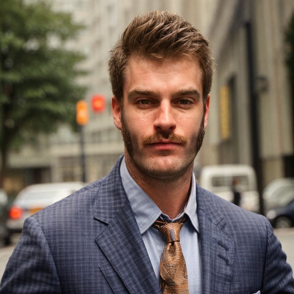 thin 1guy, dadcore, mutton chops, mustache, corporate, suit and tie, retro, 1990s, handsome male, hot, scruffy, daddy, hairy, mature, looking at viewer, HQ, realistic, photorealistic, fill lighting, portrait, outdoors, city, photography, portrait