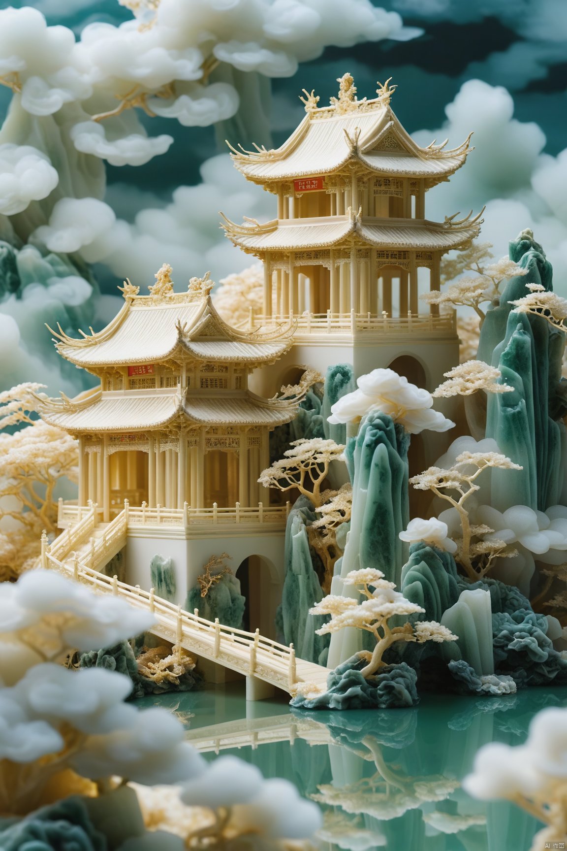  HUBG_Chinese_Jade, Palace,wide shot,
Splendid palace, clouds floating, cranes flying,
Pavilions and pavilions, winding water,