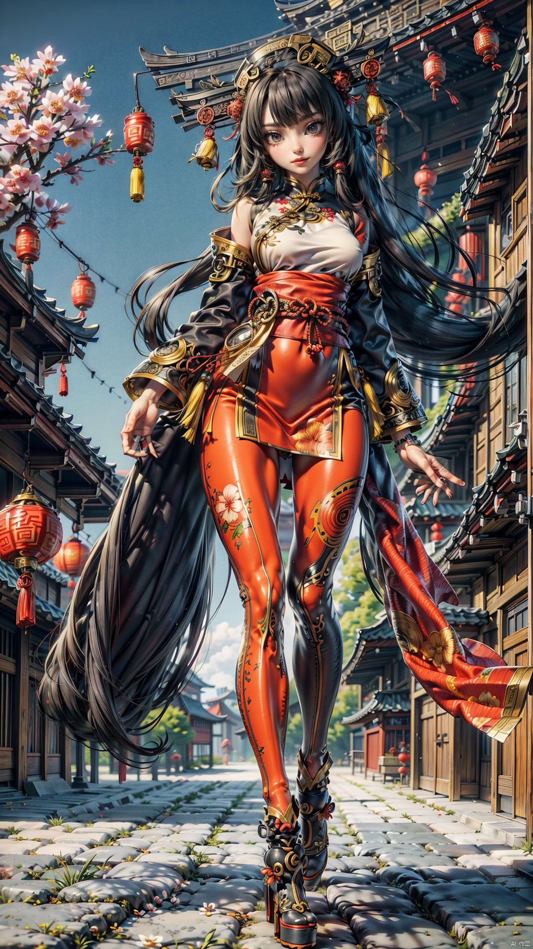  1girl,Chinese New Year,Welcoming Spring Girl,Spring welcome clothing,Hanfu,Chinese knot,Red Theme,White top,Big long legs,Red skirt,The huge mecha building behind it,full body,front,Animal mechs crossing over their feet,Tassel earrings,Looking up,Red leggings,ancient Chinese architecture,Red Lantern,Zhang Deng Jie Cai,Full of joy and joy,Spring Festival couplets,Ancient Chinese script,Brown eyes,Clothing printing, neonrgbstyle, Hyung Tae Kim, BY MOONCRYPTOWOW, Wear loin cloth