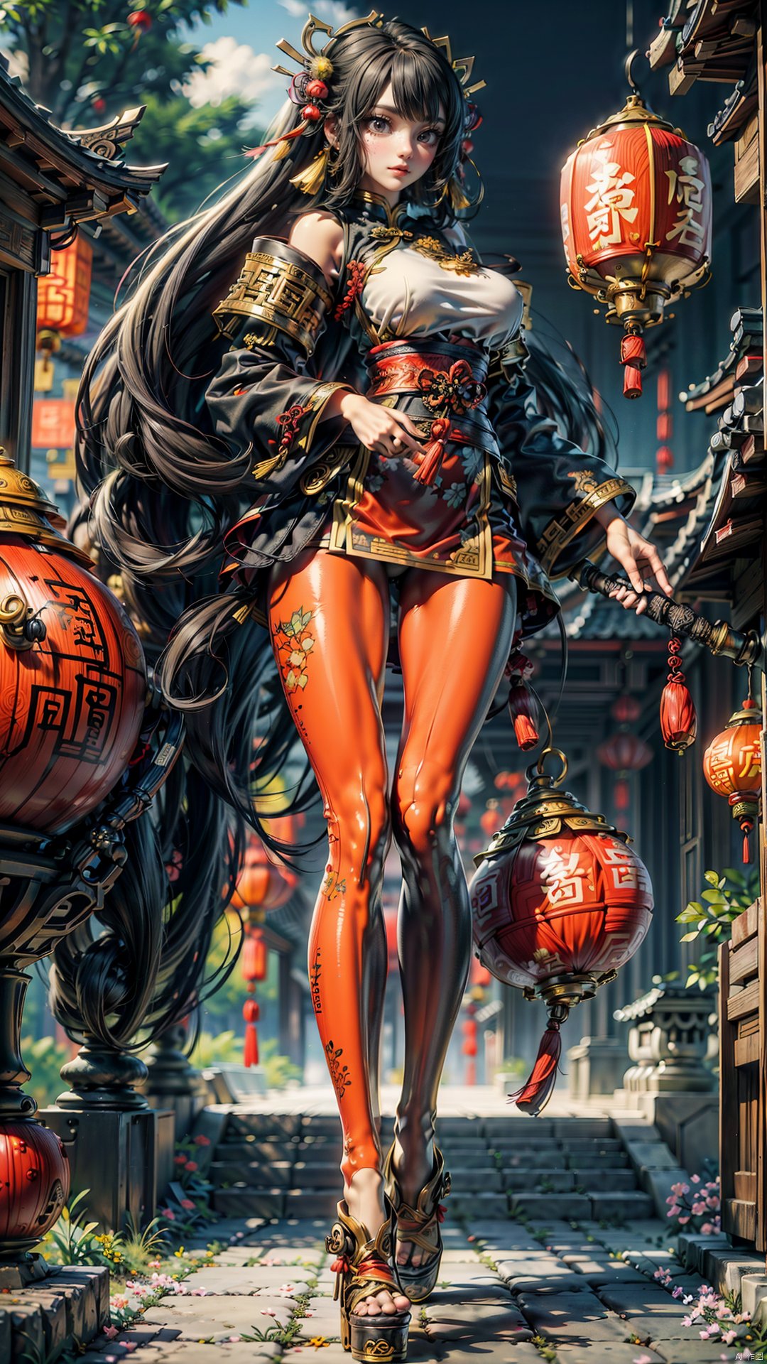  1girl,Chinese New Year,Welcoming Spring Girl,Spring welcome clothing,Hanfu,Chinese knot,Red Theme,White top,Big long legs,Red skirt,The huge mecha building behind it,full body,front,Animal mechs crossing over their feet,Tassel earrings,Looking up,Red leggings,ancient Chinese architecture,Red Lantern,Zhang Deng Jie Cai,Full of joy and joy,Spring Festival couplets,Ancient Chinese script,Brown eyes,Clothing printing, neonrgbstyle, Hyung Tae Kim, BY MOONCRYPTOWOW, Wear loin cloth