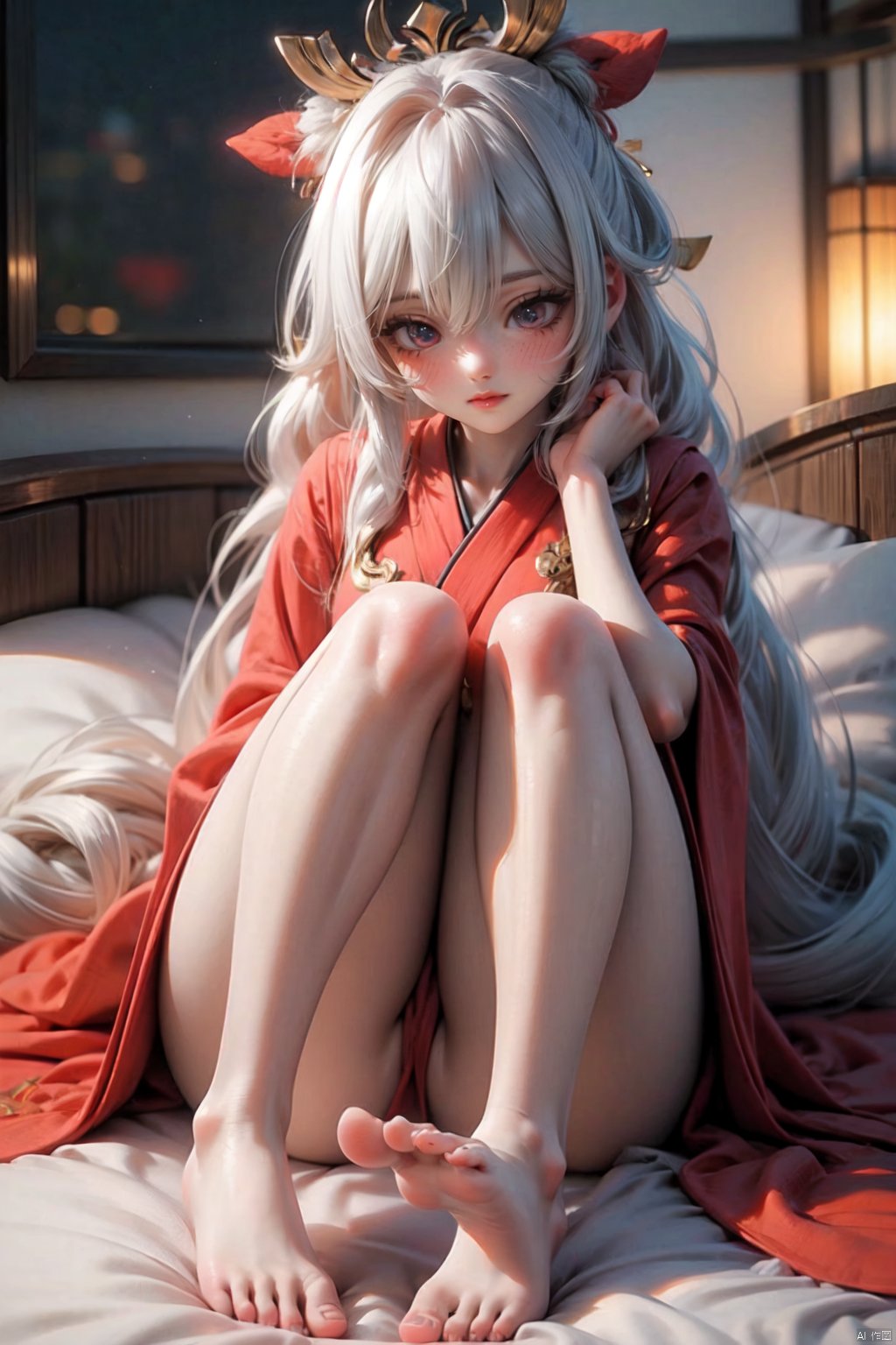  Kimono, calf, small foot, long white hair, blush, legs, MizarFeet,