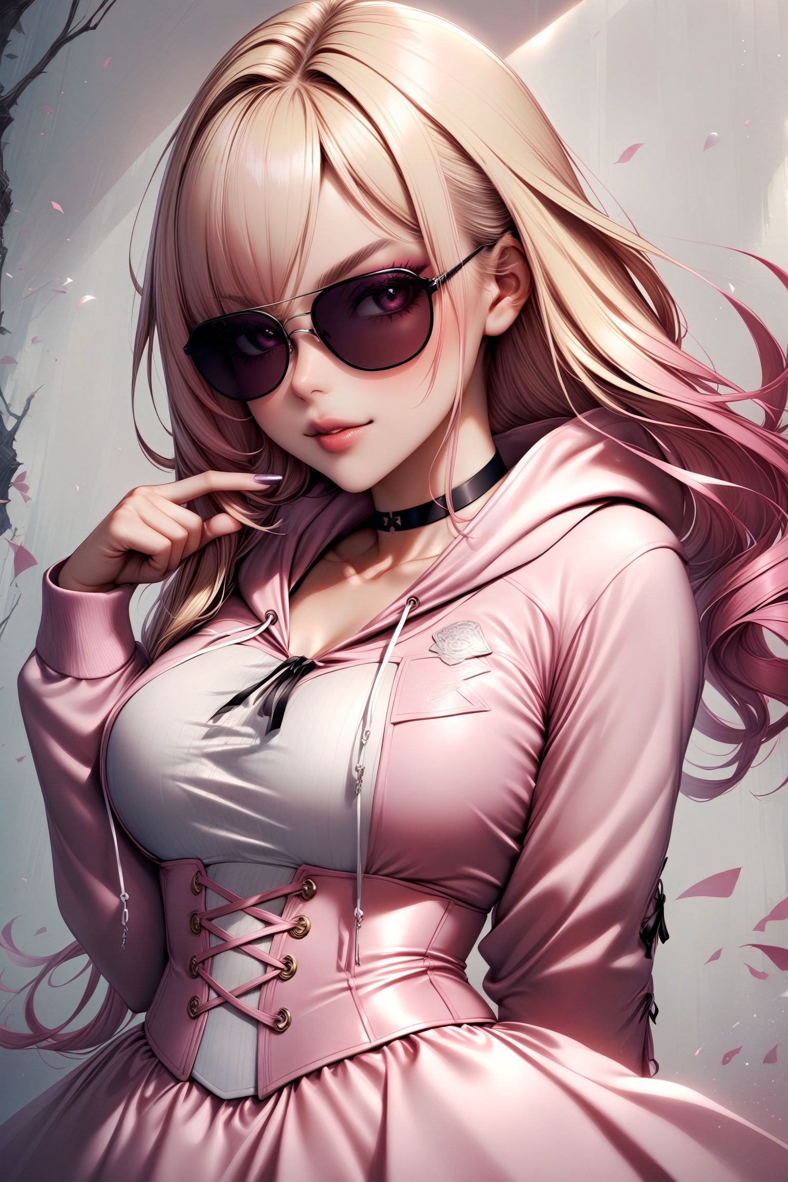 1girl, solo, blonde hair, choker, sunglasses, hoodie, corset, a woman in a pink corset posing for a picture, black frills and ribbons , wearing a [corset | hoodie]<lora:edgCorsetHoodiesXL:0.85>