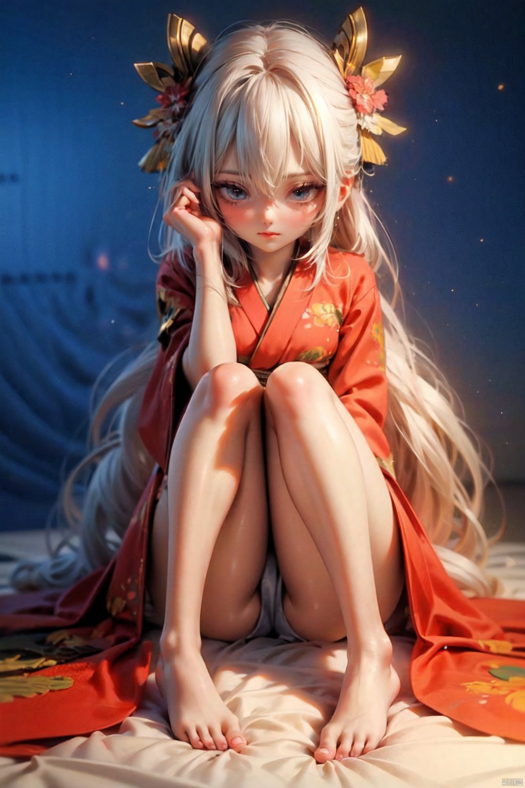  Kimono, calf, small foot, long white hair, blush, legs, MizarFeet,