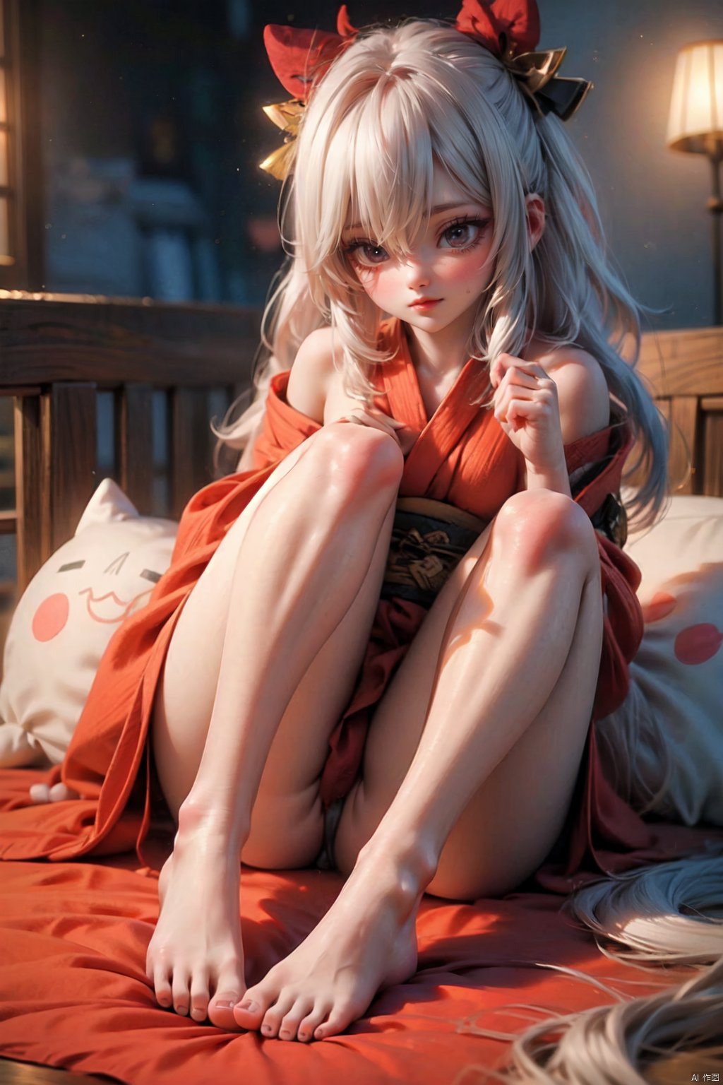  Kimono, calf, small foot, long white hair, blush, legs, MizarFeet,