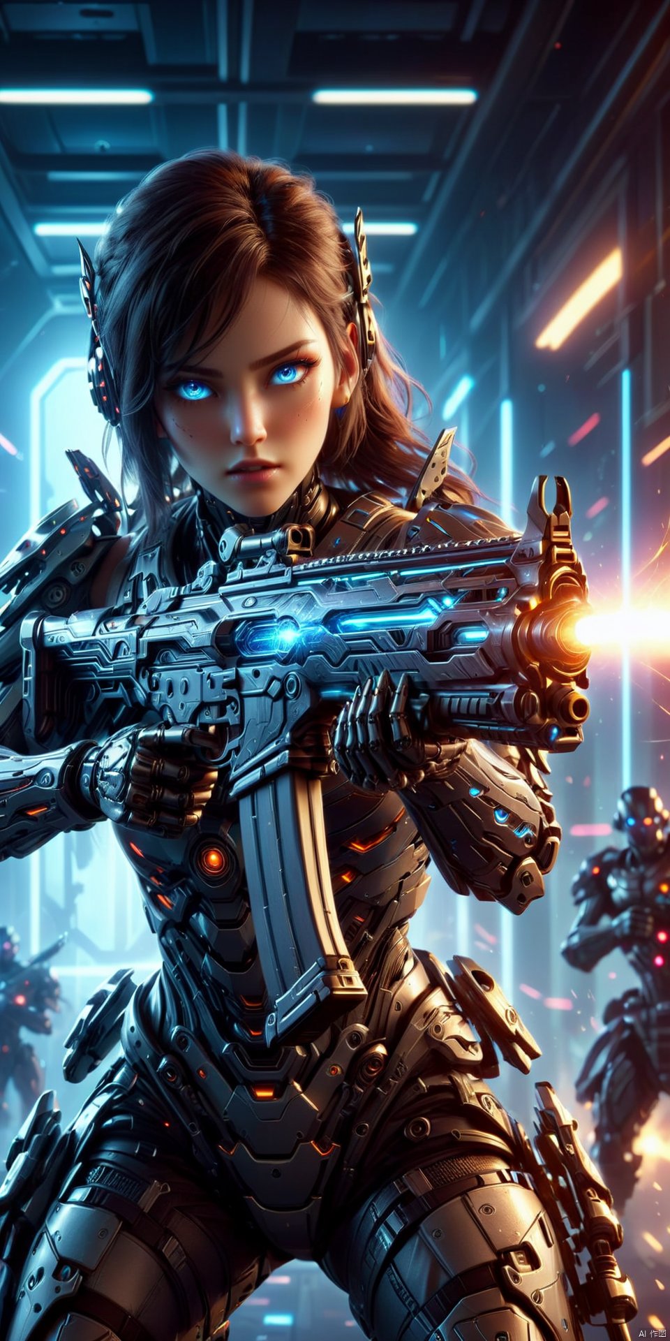 a realistic action shot of a female fantasy game cyborg wielding a glowing futuristic assault rifle aiming at the camer, futuristic labb in background, HD, masterpiece, best quality, hyper detailed, ultra detailed, Assault Rifle