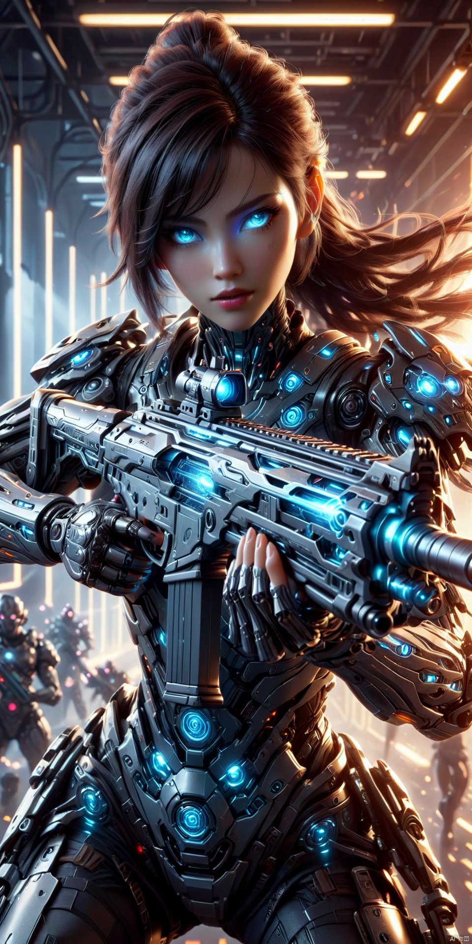 a realistic action shot of a female fantasy game cyborg wielding a glowing futuristic assault rifle aiming at the camer, futuristic labb in background, HD, masterpiece, best quality, hyper detailed, ultra detailed, Assault Rifle