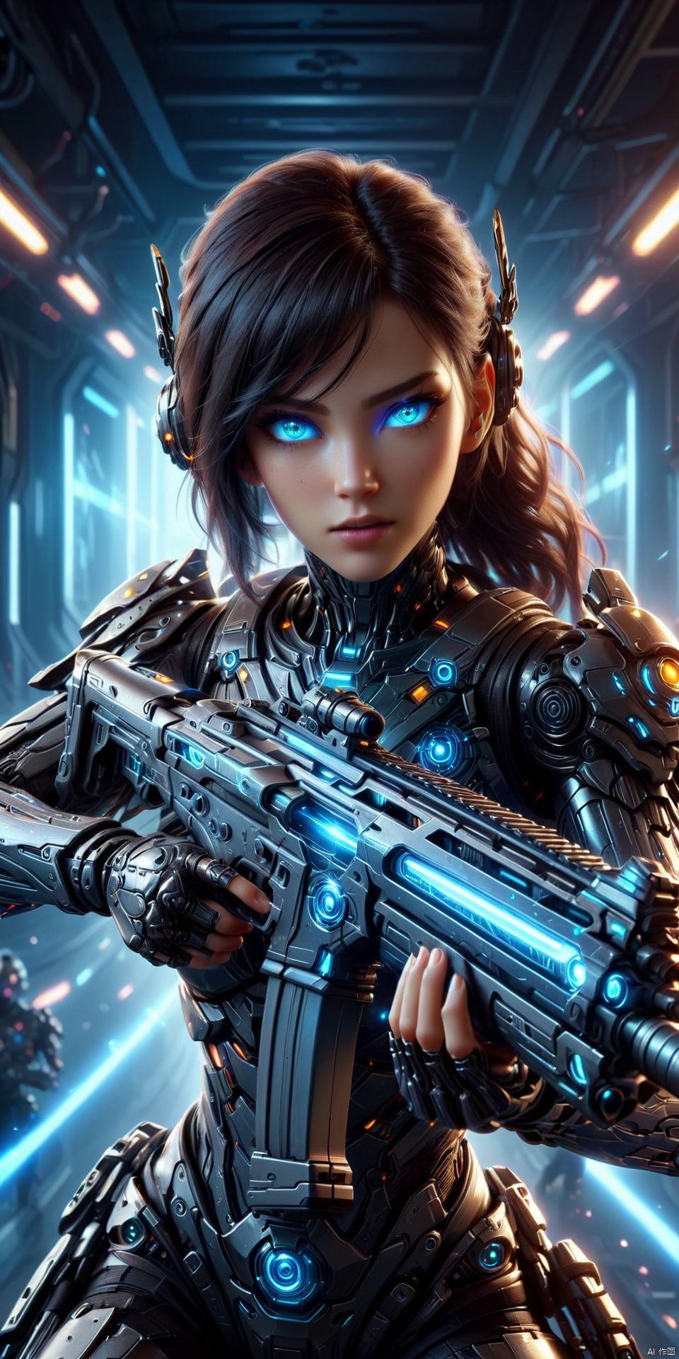 a realistic action shot of a female fantasy game cyborg wielding a glowing futuristic assault rifle aiming at the camer, futuristic labb in background, HD, masterpiece, best quality, hyper detailed, ultra detailed, Assault Rifle