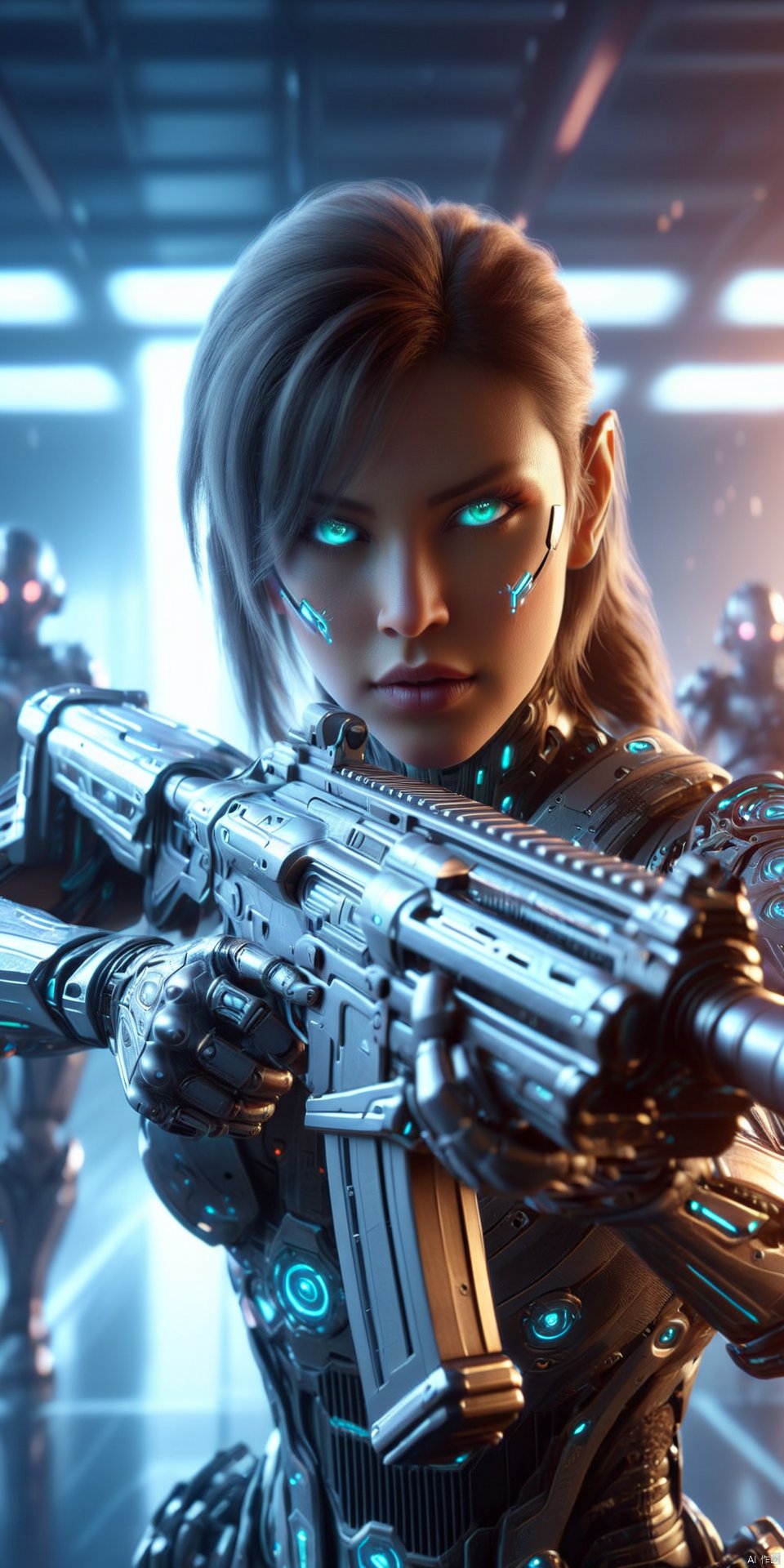 a realistic action shot of a female fantasy game cyborg wielding a glowing futuristic assault rifle aiming at the camer, futuristic labb in background, HD, masterpiece, best quality, hyper detailed, ultra detailed, Assault Rifle