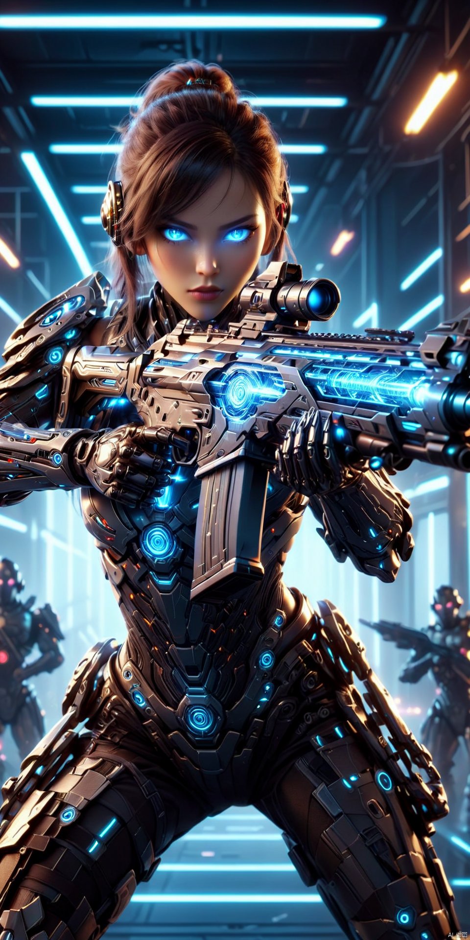 a realistic action shot of a female fantasy game cyborg wielding a glowing futuristic assault rifle aiming at the camer, futuristic labb in background, HD, masterpiece, best quality, hyper detailed, ultra detailed, Assault Rifle