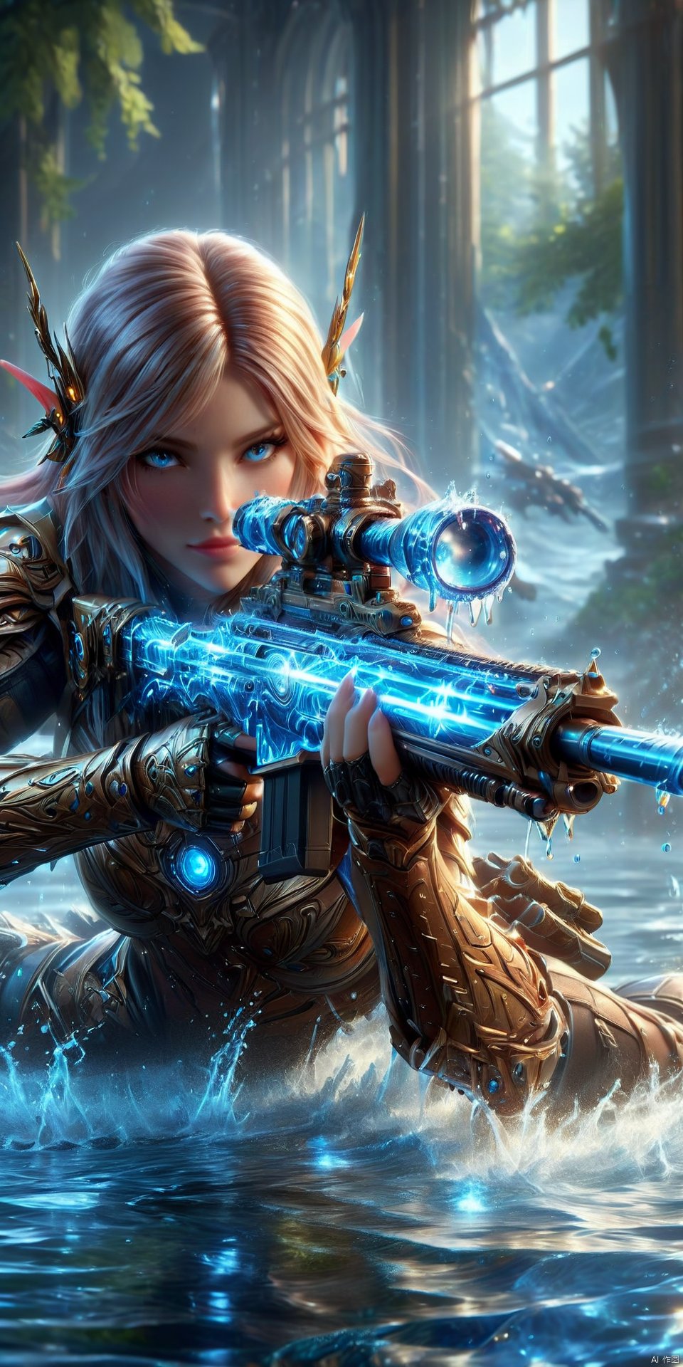 an realistic image of a female fantasy game character laying on the gorund, wielding glowing Sniper Rifle made of water, aiming at the camera, wearing armor, water allay in background, digital art, HD, masterpiece, best quality, hyper detailed, ultra detailed,