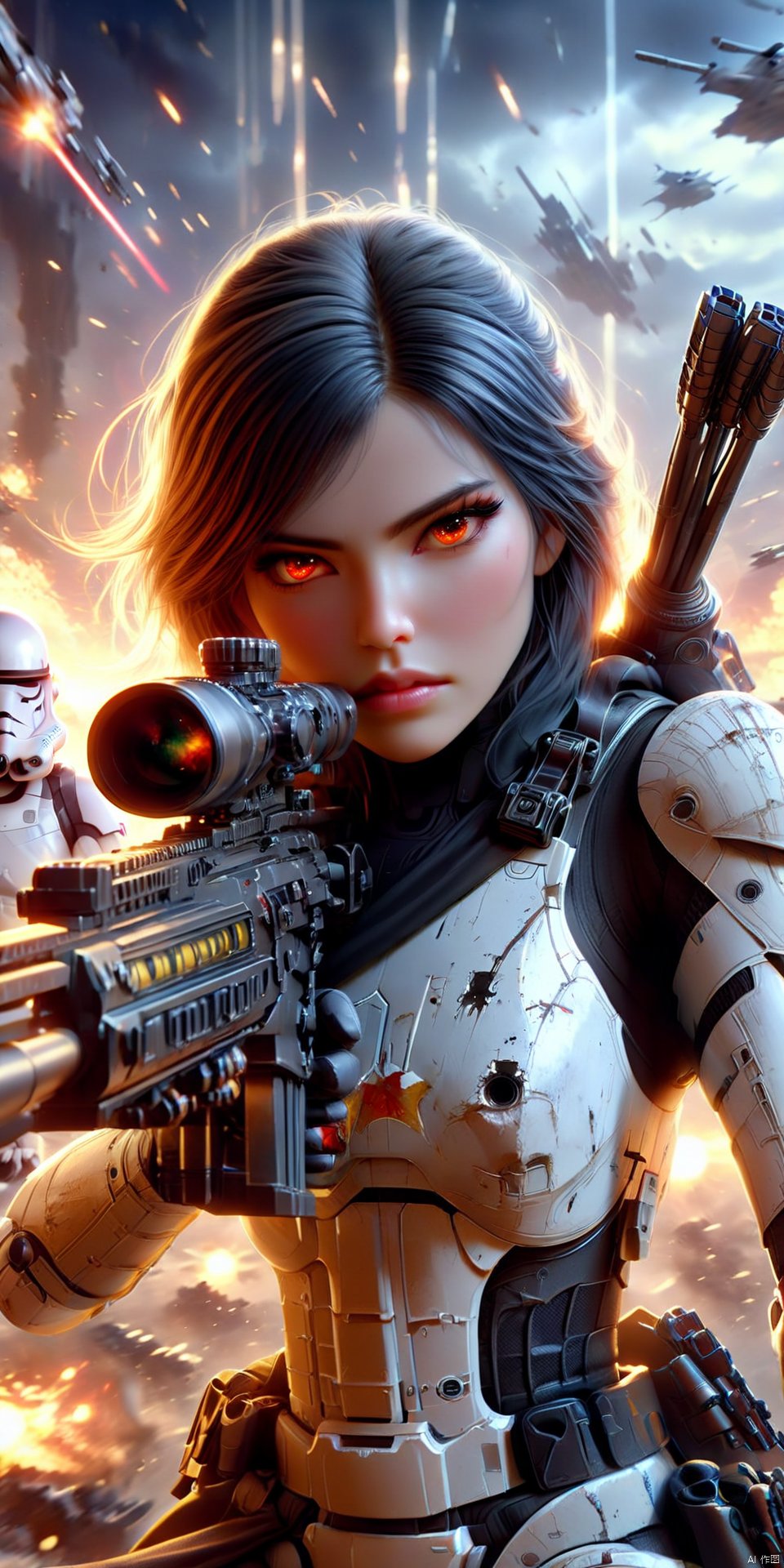 Cinematic, dynamic action scene, photo of angry (ohwx woman) wielding a (Sniper Rifle), as Star Wars Imperial officer wearing a white storm trooper armor, inside star destroyer, Strom Troopers in White Armor in the background, battle scene, implied motion, explosions,
bokeh, cinematic, photo by George Lucas, scene by Steven Spielberg, 8k, best quality, 
   ,