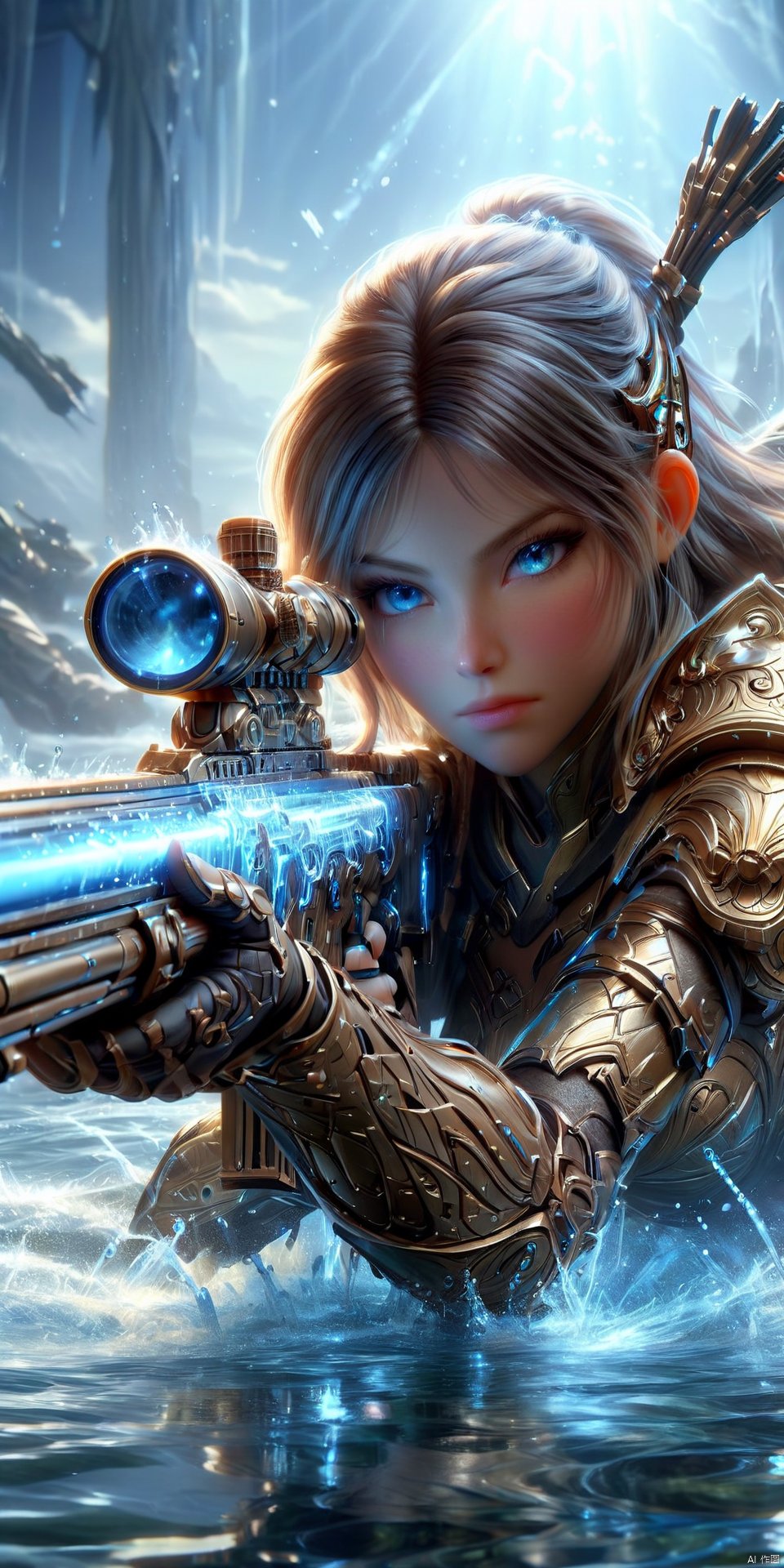 an realistic image of a female fantasy game character laying on the gorund, wielding glowing Sniper Rifle made of water, aiming at the camera, wearing armor, water allay in background, digital art, HD, masterpiece, best quality, hyper detailed, ultra detailed,