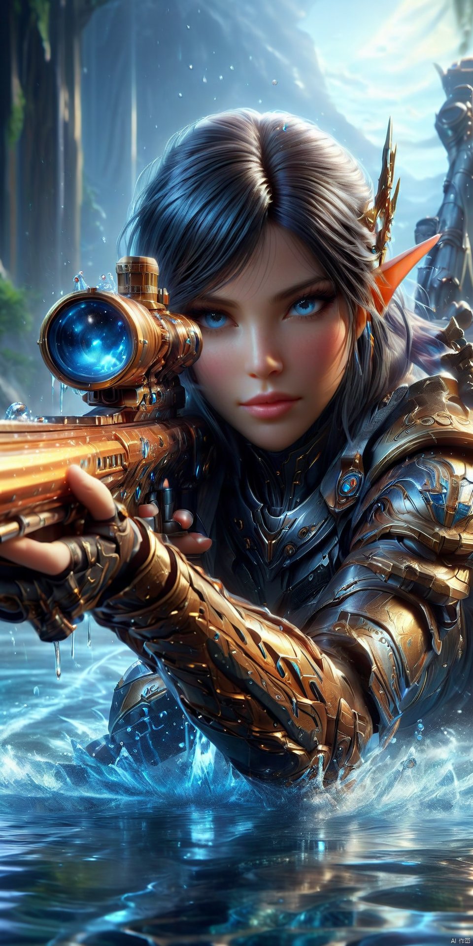 an realistic image of a female fantasy game character laying on the gorund, wielding glowing Sniper Rifle made of water, aiming at the camera, wearing armor, water allay in background, digital art, HD, masterpiece, best quality, hyper detailed, ultra detailed,