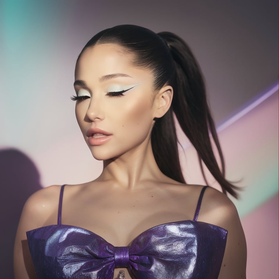 a woman, ponytail, blue eyeshadow, purple bow top