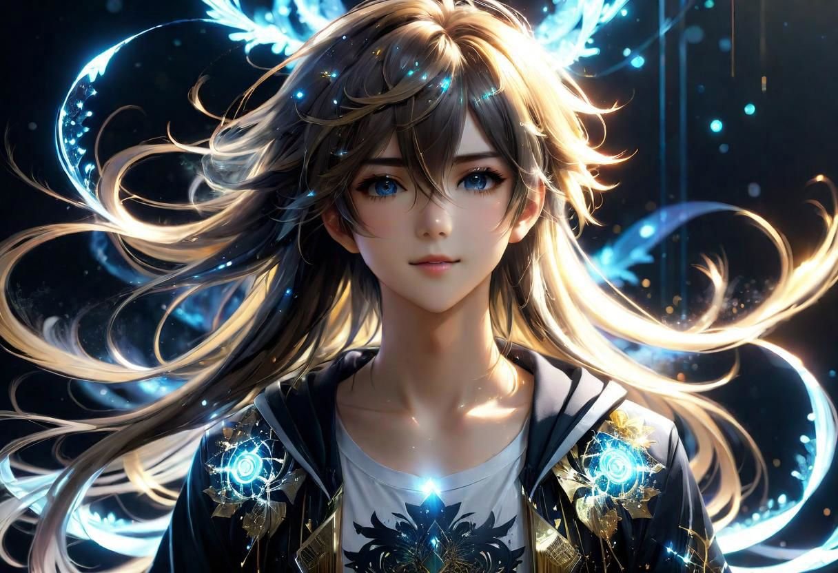 Shoulder length messy long shine hair, happy, Full body, Beautiful anime waifu style boy, hyperdetailed painting, luminism, art by Carne Griffiths and Wadim Kashin concept art, 4k resolution, fractal isometrics details bioluminescence , 4d render, octane render, intricately detailed , cinematic, trending on artstation Isometric Centered hyperrealistic cover photo awesome full color, hand drawn , gritty, realistic mucha , hit definition , cinematic, on paper, ethereal background, abstract beauty,stand, approaching perfection, pure form, golden ratio, minimalistic, unfinished, concept art, by Brian Froud and Carne Griffiths and Wadim Kashin and John William Waterhouse, intricate details, 8k post production, high resolution, hyperdetailed, trending on artstation, sharp focus, studio photo, intricate details, highly detailed, by greg rutkowski