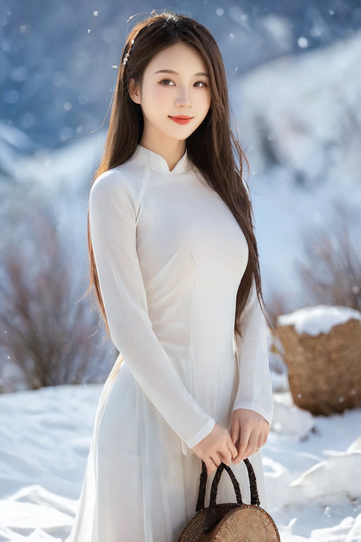 Realistic,Masterpiece,18 - year - old , Super High Resolution, (reality: 1.4) , original photo, long hair, facial highlights, pure beauty, teenage girl, Blush, 18,18 smiling female classmate, pure beauty, innocent, oval face, large eyes, long eyelashes, delicate (realistic style) , star-like eyes, extreme face, photo-level lighting, sharp features, creamy skin, fair skin, high-detail skin, real skin detail, visible pores, (ultra-detail) , (perfect body: 1.1) , long hair, (dynamic pose) , (dynamic background (volume light: 1.3) , (volume light: 1.3) , large breasts, deep V, black boots, Alps, Snow Mountain, free, smart, long legs, smooth,32k UHD,chinese girls,dynamic angle,
,aodaixl