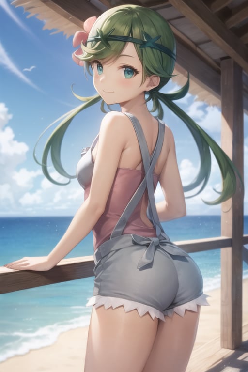 zodiac_mallow, masterpiece, best quality, twintails, hair flower, hair ornament, green hair, grey overalls, pink shirt, sleeveless, grey shorts, medium breasts, from behind, from above, looking at viewer, smile, blue sky, railing, dirt road, ocean, dark skin
