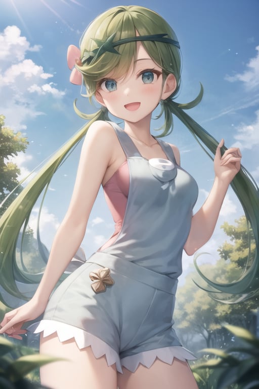 zodiac_mallow, masterpiece, best quality, twintails, hair flower, hair ornament, green hair, grey overalls, pink shirt, sleeveless, grey shorts, medium breasts, looking at viewer, cowboy shot, :D, forest, blue sky, dark skin