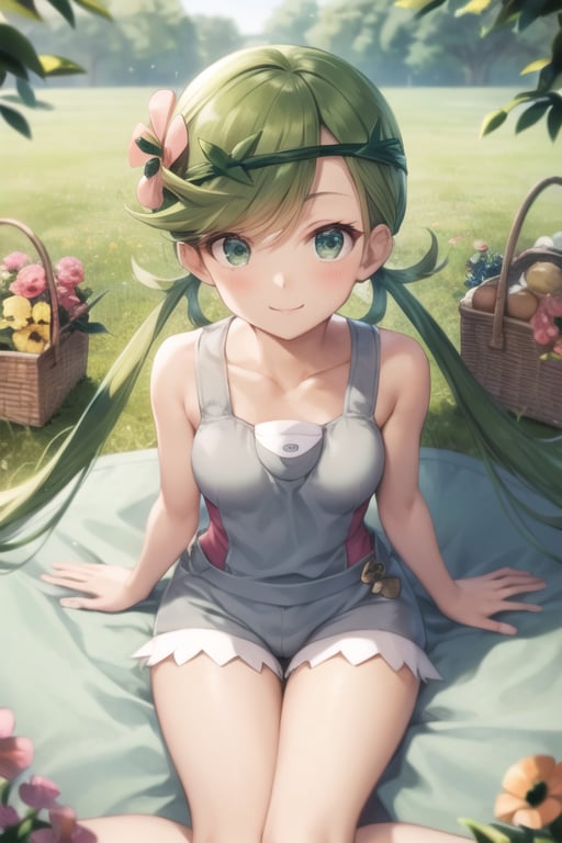 zodiac_mallow, masterpiece, best quality, twintails, hair flower, hair ornament, green hair, grey overalls, pink shirt, sleeveless, grey shorts, medium breasts, looking at viewer, sitting, on ground, picnic basket, blanket, looking at viewer, tree, from above, smile, sitting, flowers, field, dark skin