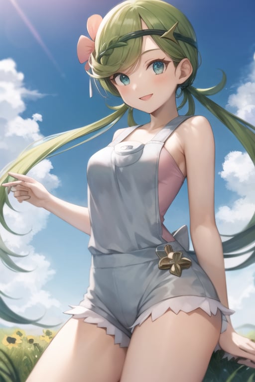 zodiac_mallow, masterpiece, best quality, twintails, hair flower, hair ornament, green hair, grey overalls, pink shirt, sleeveless, grey shorts, medium breasts, looking at viewer, cowboy shot, smile, meadow, sitting, blue sky, dark skin