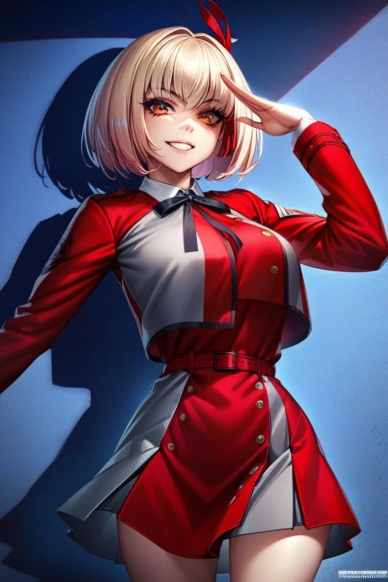 (art by neoartcore:0.65), cowboy shot, solo, 1girl, nishikigi chisato, grin, looking at viewer, salute, bob cut, hair ribbon, lycoris uniform, two-tone dress, red dress, grey dress, neck ribbon, long sleeves <lora:lycorisrecoil_nishikigi_xl-000004:1>