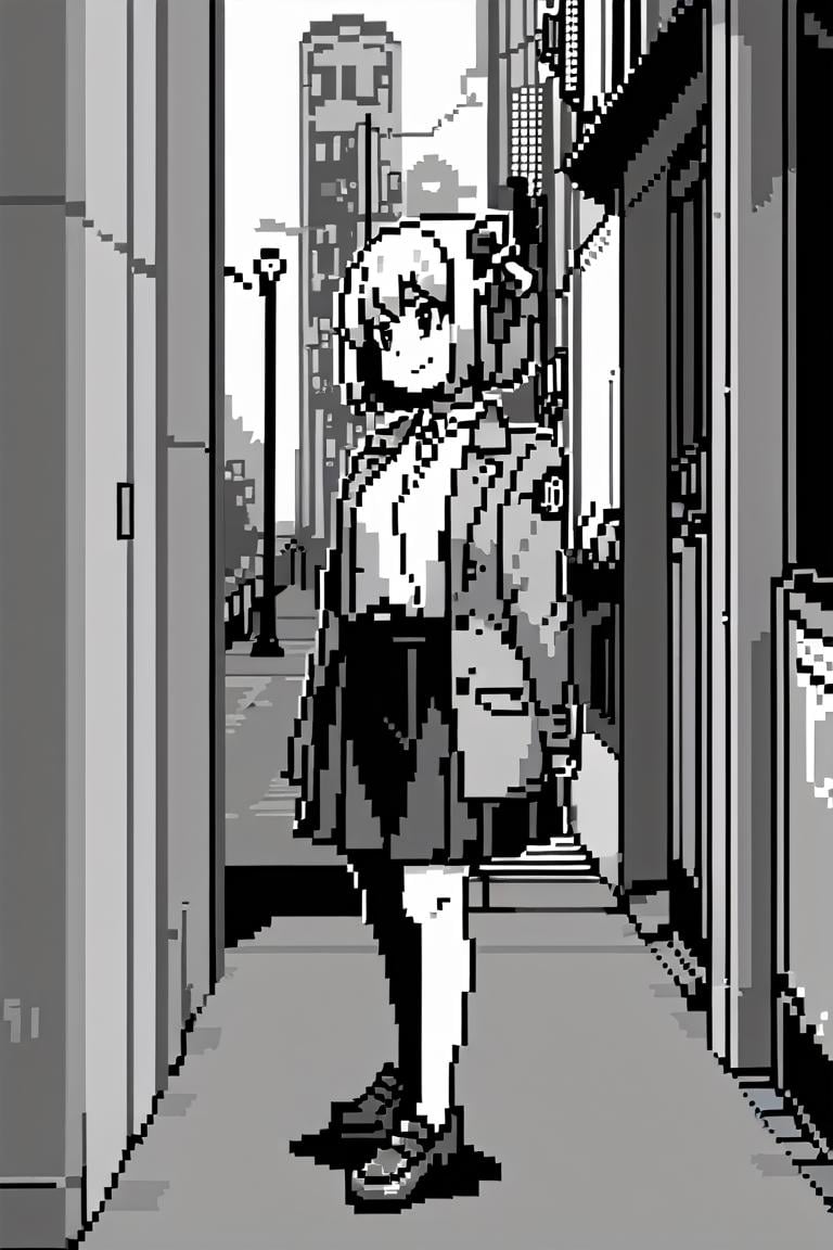 monochrome, greyscale, pixel art, solo, 1girl, nishikigi chisato, smile, looking to the side, arms behind back, bob cut, hair ribbon, jacket, open jacket, long sleeves, shirt, skirt, loafers, city sidewalk, jaggy lines <lora:lycorisrecoil_nishikigi_xl:1>