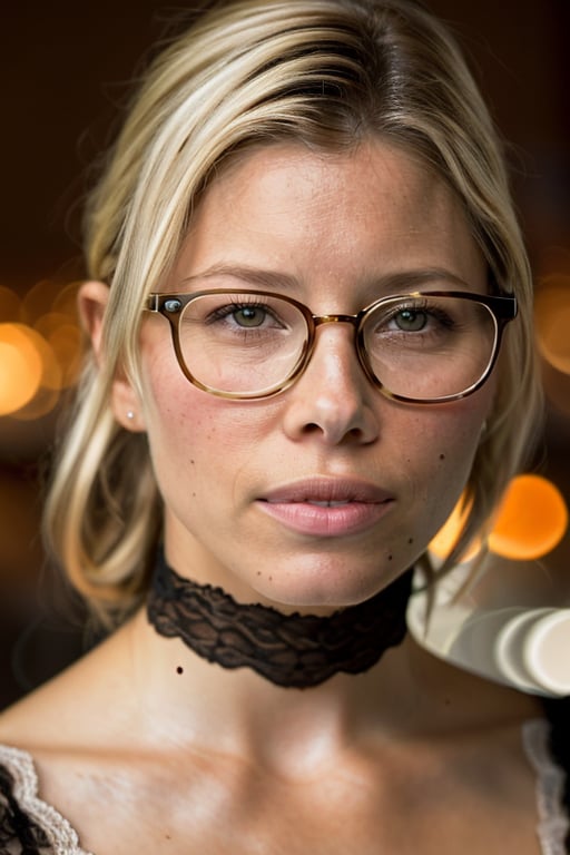 glasses,  Sharp Focus,  young wo_jessbiel01,  her expression is sexy with parted lips,  blonde tied hair,  (close-up:0.8),  low key lighting,  shot on Lumix GH5,  cinematic bokeh,  lace choker,  (simple background:1.2),  teasing