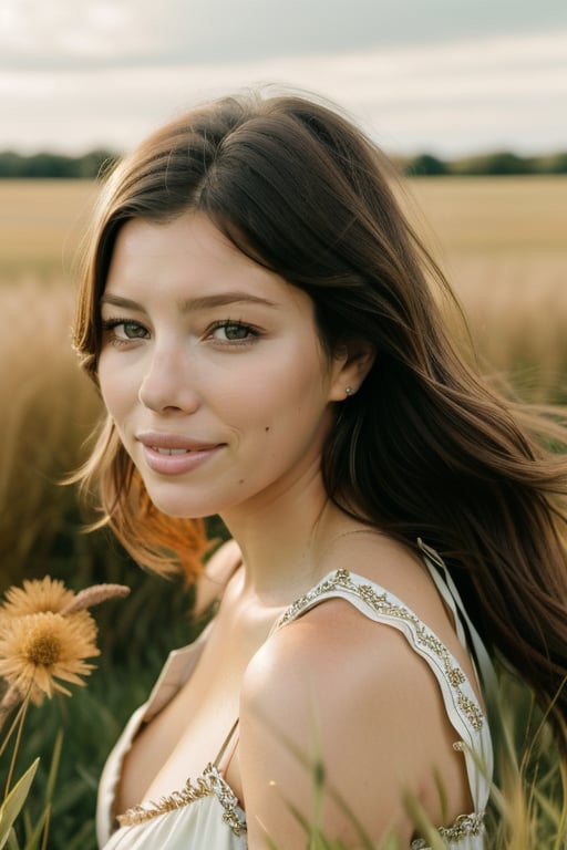 facing the camera,  portrait of a wo_jessbiel, a woman  wearing a sundress,  her hair is long and brown,  in a field of grass,  film grain,  perfect face