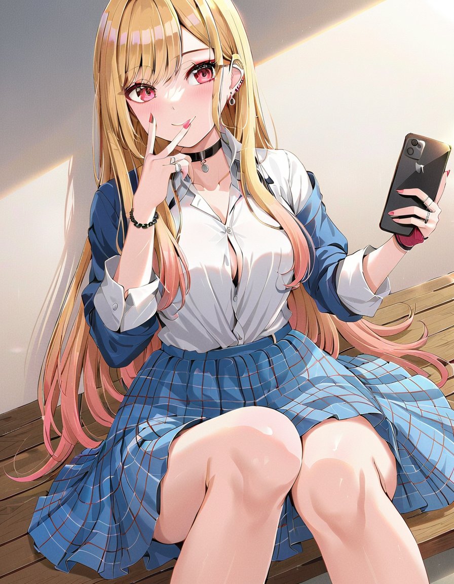 ((masterpiece, best quality)), (ultra detailed, extremely detailed, high resolution), (colorful, anime art style, soft light), highly detailed, 8k, UHD, high budget, (cute 1girl at home, selfie), (Kitagawa Marin), ((perfect hands)), (perfect eyes), (beautiful face), (phone in hand, choker, white shirt, blue skirt, stockings), (long hair), blonde hair, red eyes, earrings with jewels, tattoos, beautiful makeup, (posing),