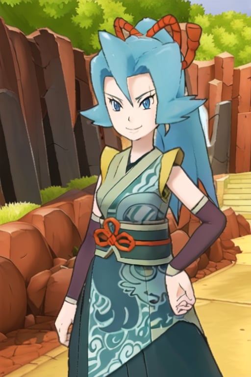 1 girl, clairny24, kimono, blue hair, blue eyes, smile, sash, hakama, detached sleeves, closed mouth, looking at viewer, japanese clothes, official alternate costume, red ribbon, ponytail, red bow, outdoors, solo, sugimori style, masterpiece, best quality