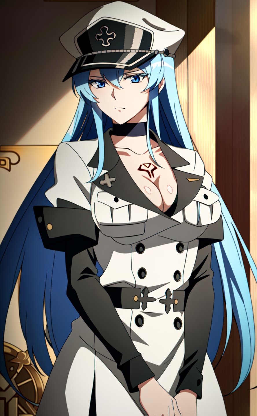 (extremely detailed CG unity 4k wallpaper),(masterpiece),(best quality),(ultra-detailed),(best illustration),(best shadow),(absurdres),(detailed background), <lora:OGT_Esdeath-v2:0.8> Esdeath, breasts, cleavage, blue hair, uniform, hat, blue eyes, large breasts, long hair, 1girl, military, military uniform, peaked cap, choker, brown hair, tattoo