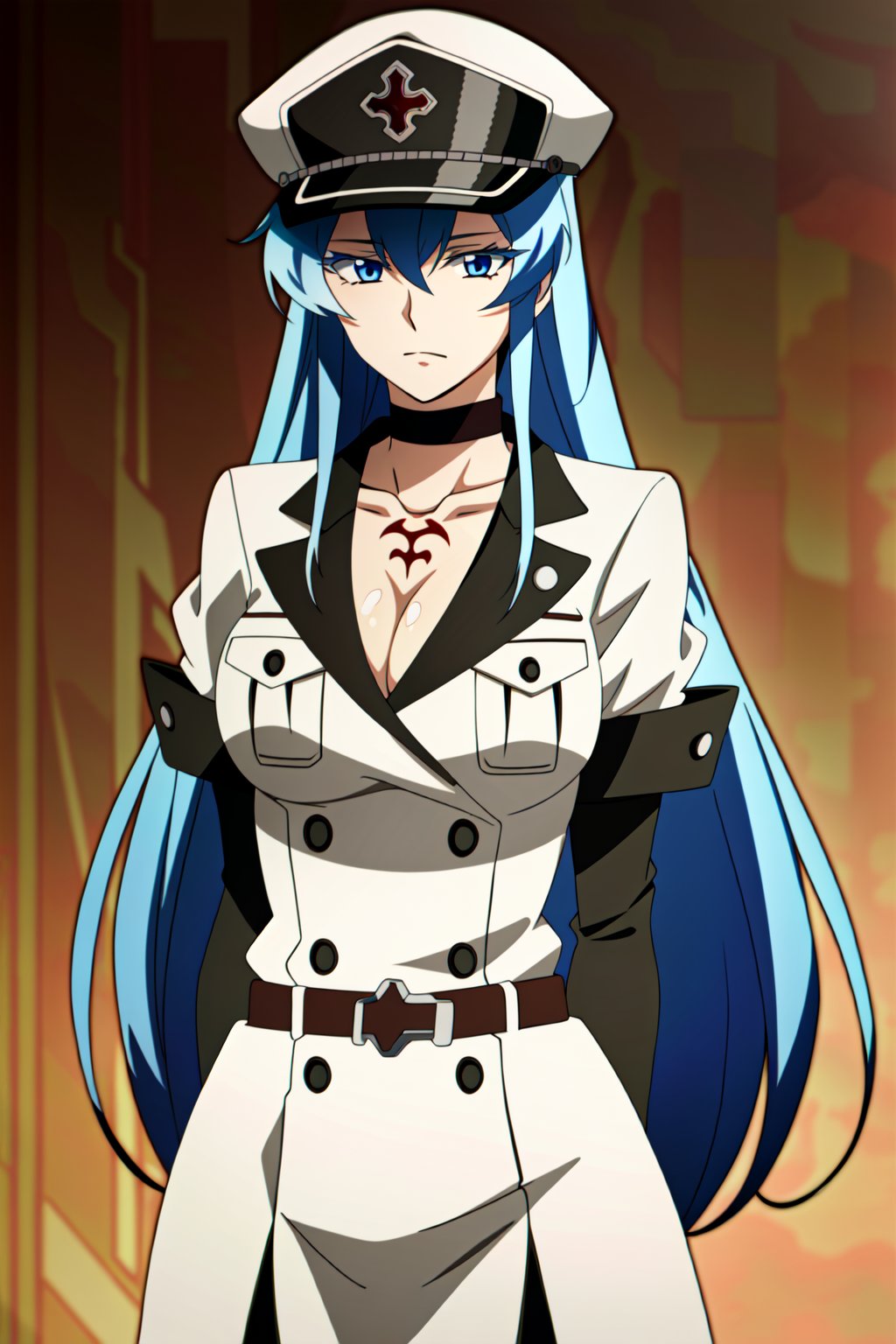 (extremely detailed CG unity 4k wallpaper),(masterpiece),(best quality),(ultra-detailed),(best illustration),(best shadow),(absurdres),(detailed background), <lora:OGT_Esdeath-v2:0.8> Esdeath, breasts, cleavage, blue hair, uniform, hat, blue eyes, large breasts, long hair, 1girl, military, military uniform, peaked cap, choker, brown hair, tattoo