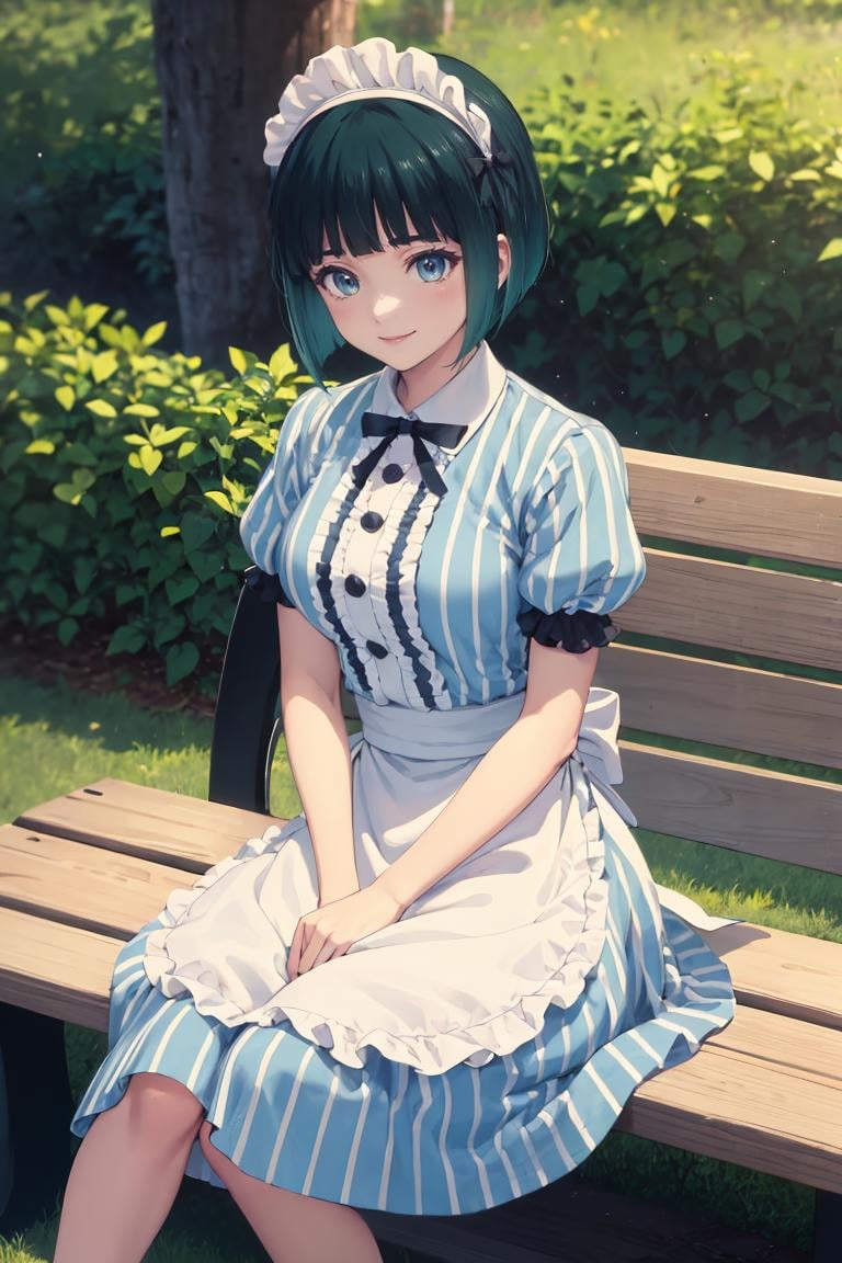 masterpiece, best quality, absurdres, OnoShiragiku, bob cut, maid, maid headdress, striped dress, white apron, black ribbon, sitting, bench, outdoors, smile, <lora:OnoShiragiku:1>