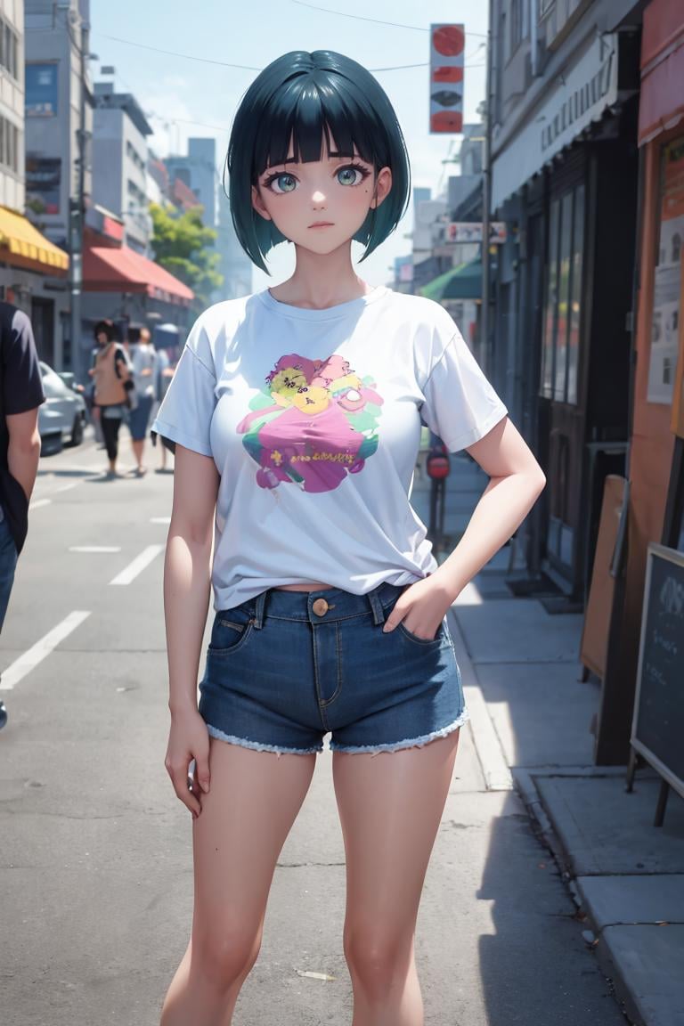 masterpiece, best quality, absurdres, OnoShiragiku, bob cut, t-shirt, denim shorts, standing, outdoors, city, hands in pockets, <lora:OnoShiragiku:1>