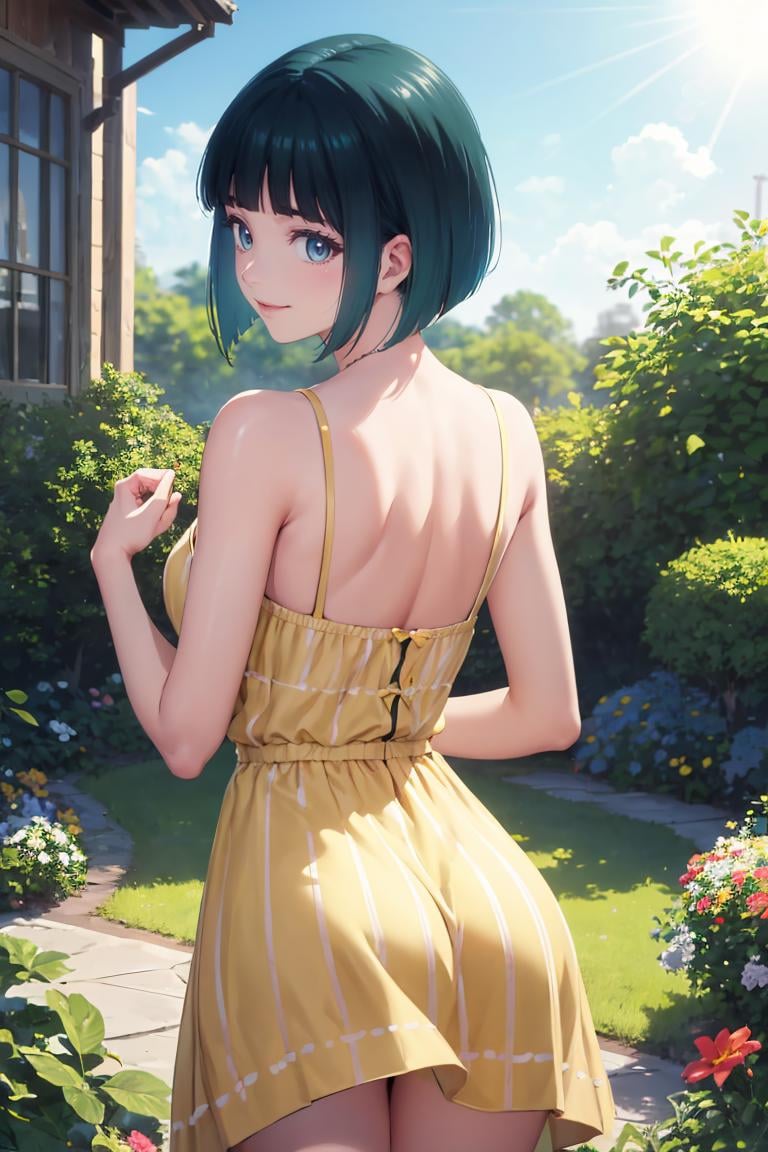 masterpiece, best quality, absurdres, OnoShiragiku, bob cut, from behind, (yellow sundress), garden, day, sunshine, smile, looking back, <lora:OnoShiragiku:1>