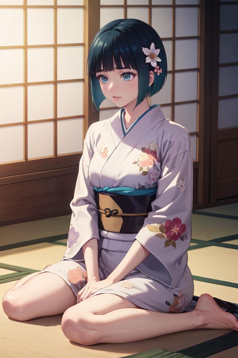 masterpiece, best quality, absurdres, OnoShiragiku, bob cut, indoors, kimono, hair flower, floral print, wariza, sitting, hands on own knees, <lora:OnoShiragiku:1>