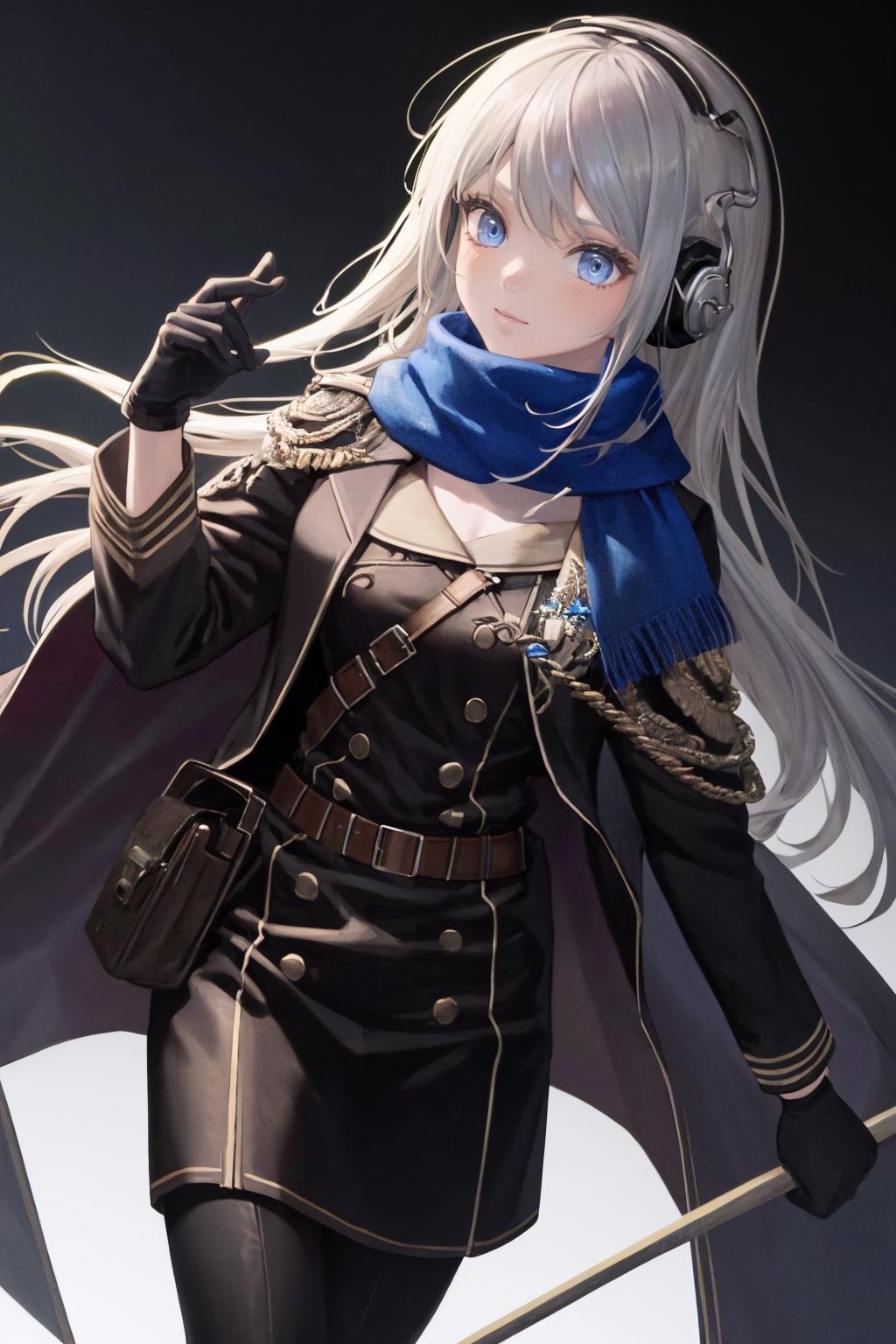 masterpiece, best quality, 1girl, solo, <lora:bkornblume-r1999-richy-v1:1> bkornblume, headphones, blue scarf, coat, black dress, black gloves, long sleeves