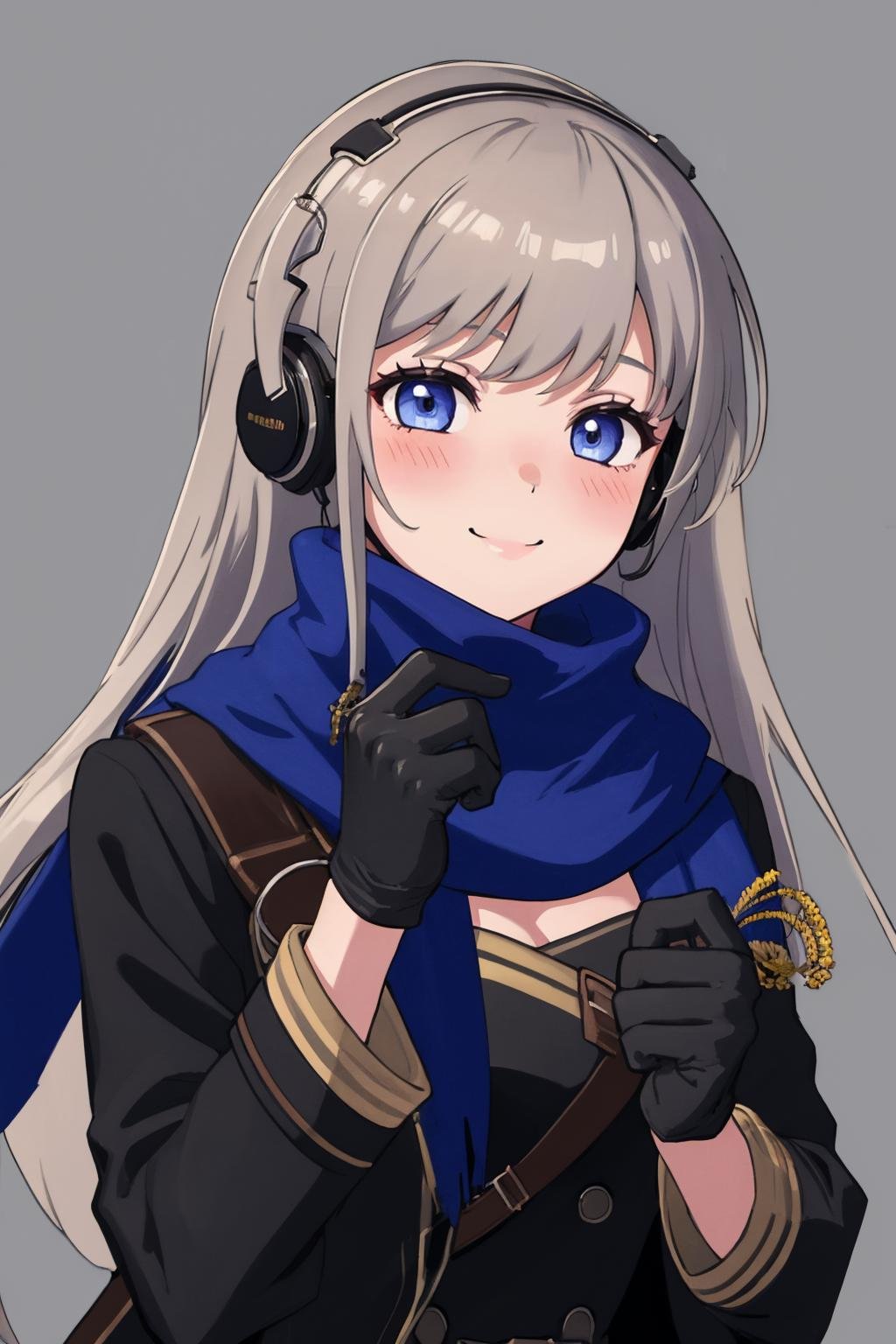 masterpiece, best quality, 1girl, solo, <lora:bkornblume-r1999-richy-v1:1> bkornblume, headphones, blue scarf, coat, black dress, black gloves, long sleeves, blush, smile