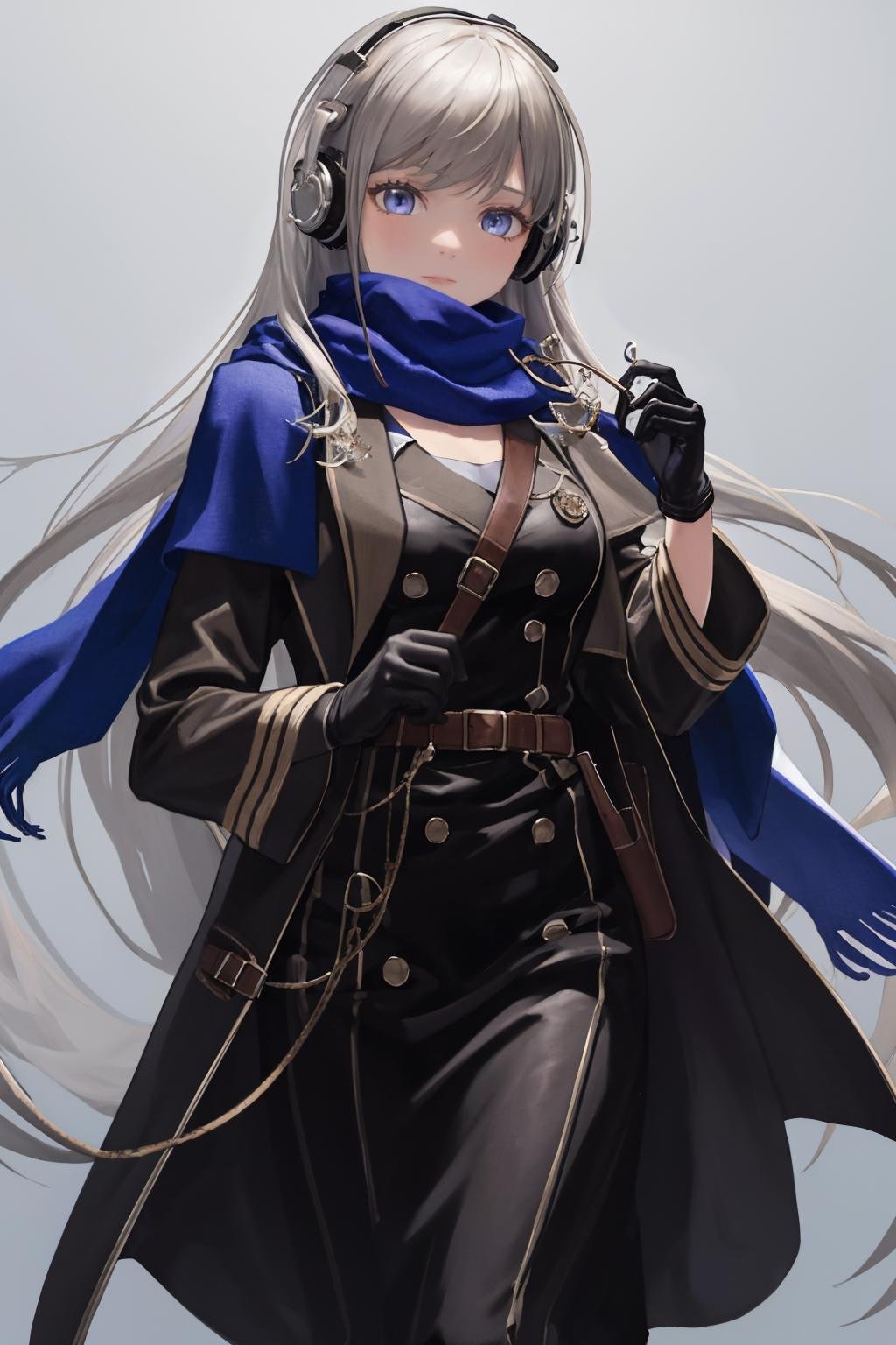 masterpiece, best quality, 1girl, solo, <lora:bkornblume-r1999-richy-v1:1> bkornblume, headphones, blue scarf, coat, black dress, black gloves, long sleeves