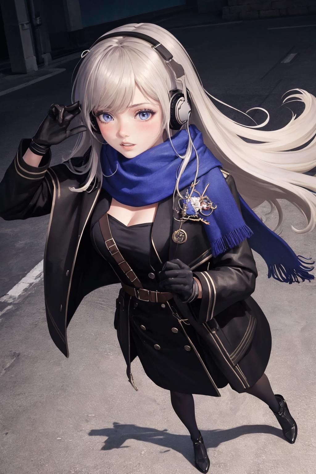 masterpiece, best quality, 1girl, solo, <lora:bkornblume-r1999-richy-v1:1> bkornblume, headphones, blue scarf, coat, black dress, black gloves, long sleeves, blush, parted lips, full body, city, night, darkness, dark, from above