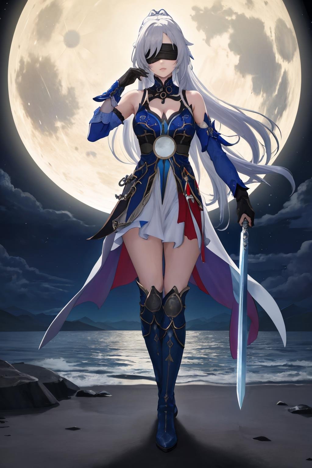 masterpiece, best quality, 1girl, solo, standing, <lora:jingliu-hsr-richy-v1:1> jingliu, hair ornament, blindfold, dress, cleavage, detached sleeves, black gloves, sword, holding sword, holding, full body, knee boots, full moon, dark, darkness, night, night sky, 