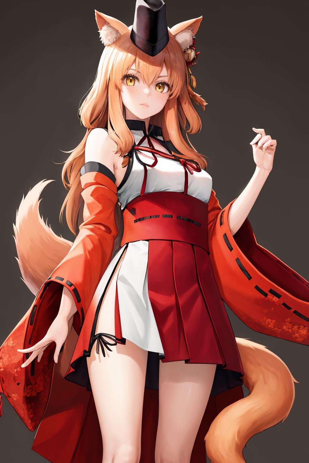 masterpiece, best quality, 1girl, solo, standing, <lora:suzukagozen-fate-richy-v1:1> suzukaasc2, fox ears, hat, japanese clothes, wide sleeves, fox tail