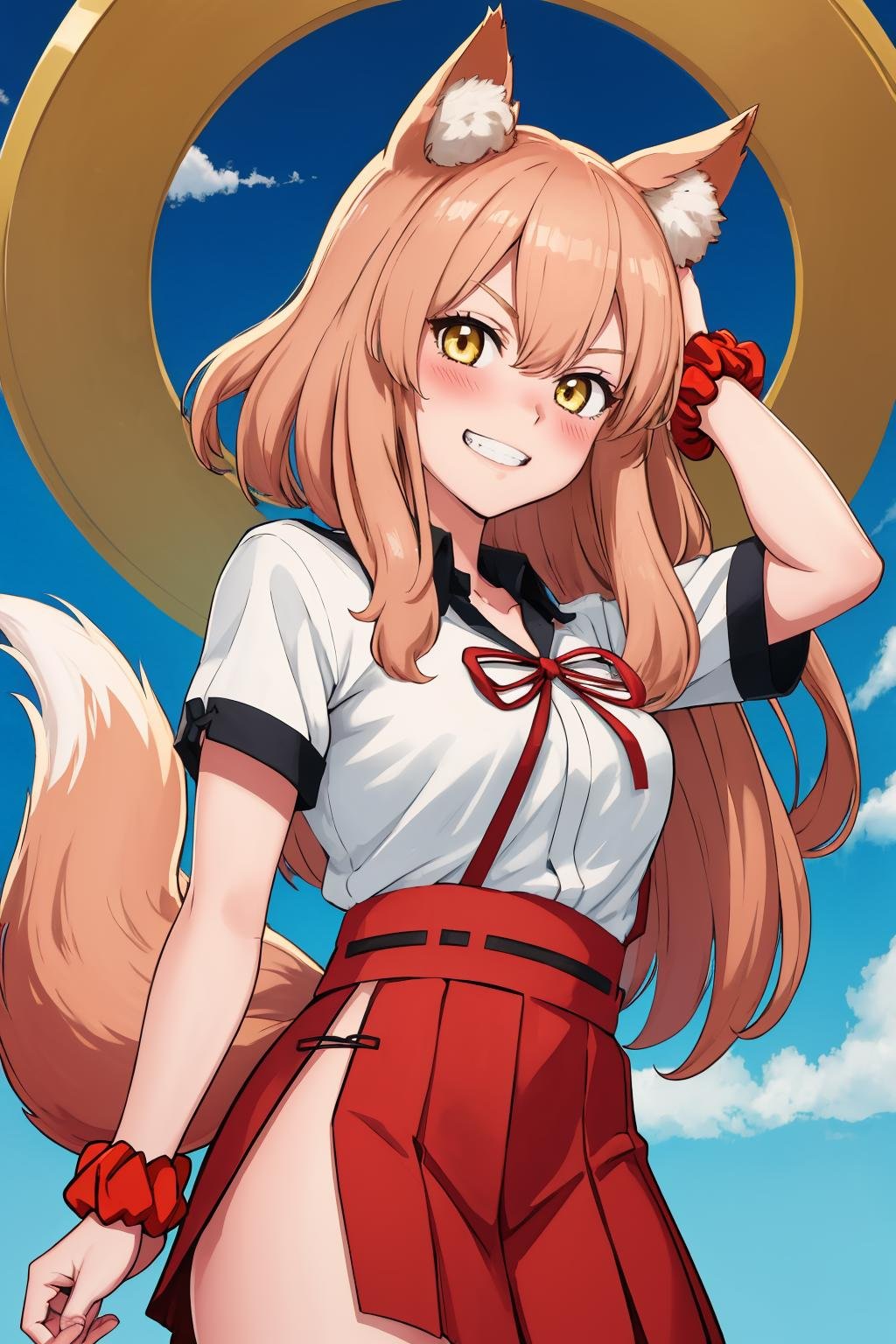 masterpiece, best quality, 1girl, solo, standing, <lora:suzukagozen-fate-richy-v1:1> suzukaasc1, foxears, white shirt, hakama, red skirt, wrist scrunchie, fox tail, looking at viewer, blush, grin