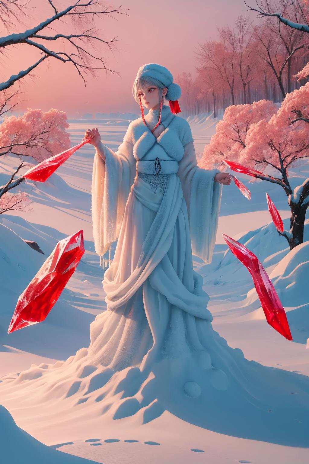 masterpiece, best quality, <lora:redice-concept-richy-v1_1:1> redice, red icicle, winter, red frozen tree